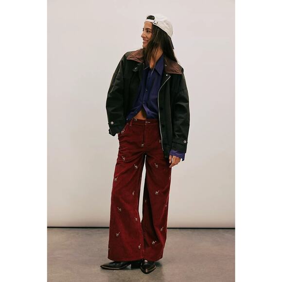 NWT FREE PEOPLE We The Free Clifton Cord Wide-Leg Jeans $228 Red DEER DARLIN 28 - Picture 1 of 5